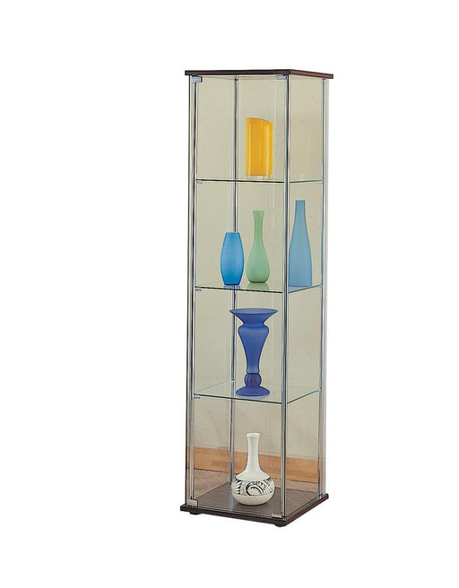 Cappuccino Curio Cabinet with Four Shelves - Premium Glass Curio W/ Cappuccino Top/Bottom from Coaster Z2 Standard - Just $170! Shop now at Furniture Wholesale Plus  We are the best furniture store in Nashville, Hendersonville, Goodlettsville, Madison, Antioch, Mount Juliet, Lebanon, Gallatin, Springfield, Murfreesboro, Franklin, Brentwood