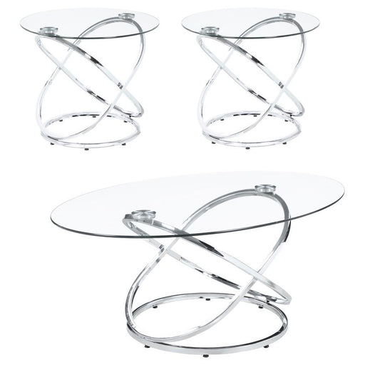 Warren - 3 Piece Oval Glass Top Coffee Table Set - Chrome – Table Sets by CoasterEssence at Furniture Wholesale Plus , Nashville furniture store