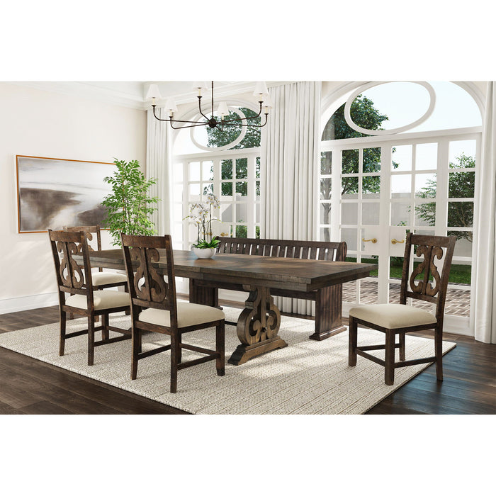 Stone - 6 Piece Dining Set Table & 4 Wooden Swril Back Side Chairs & Pew Bench - Charcoal – 6 Piece Dining Room Sets by Elements International at Furniture Wholesale Plus , Nashville furniture store