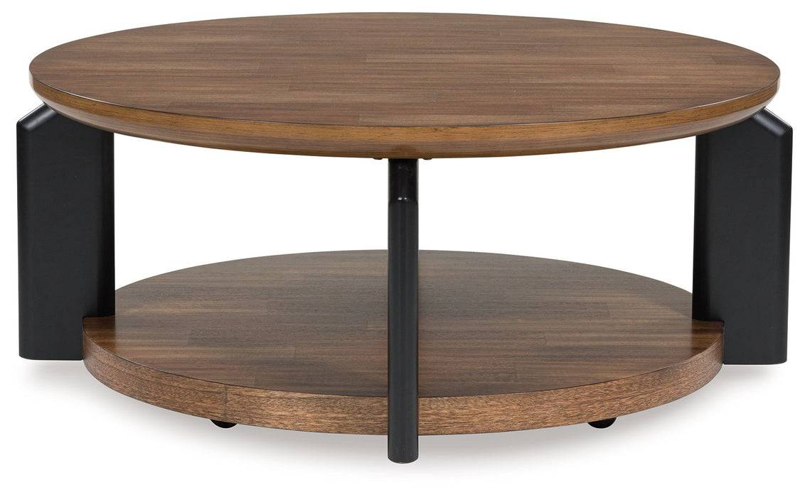 Kraeburn - Round Cocktail Table - Brown / Black – Coffee Tables by Signature Design by Ashley® at Furniture Wholesale Plus , Nashville furniture store