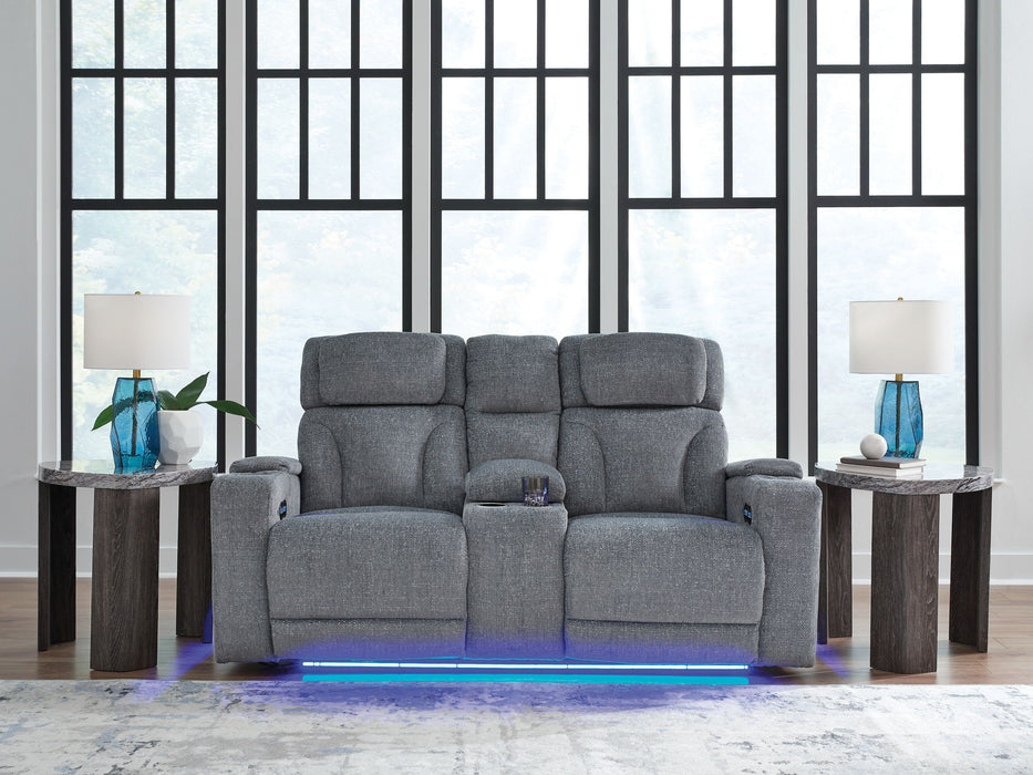 Studio Cave - Power Reclining Loveseat with Console - Steel – Reclining Loveseats by Signature Design by Ashley® at Furniture Wholesale Plus , Nashville furniture store