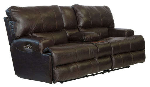 Wembley - Italian Leather Power Lay Flat Reclining Console Loveseat With Power Adjustable Headrest - Chocolate – Reclining Loveseats by Catnapper at Furniture Wholesale Plus , Nashville furniture store