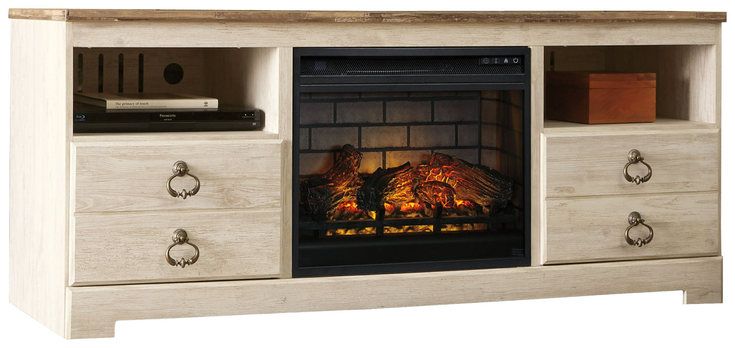 Willowton - 2 Pc. - 64" TV Stand With Faux Firebrick Fireplace Insert - Whitewash – Fireplace TV Stands by Signature Design by Ashley® at Furniture Wholesale Plus , Nashville furniture store