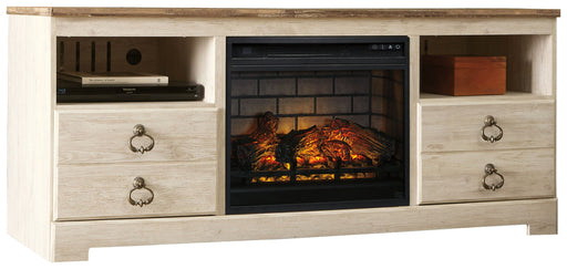 Willowton - 2 Pc. - 64" TV Stand With Faux Firebrick Fireplace Insert - Whitewash – Fireplace TV Stands by Signature Design by Ashley® at Furniture Wholesale Plus , Nashville furniture store