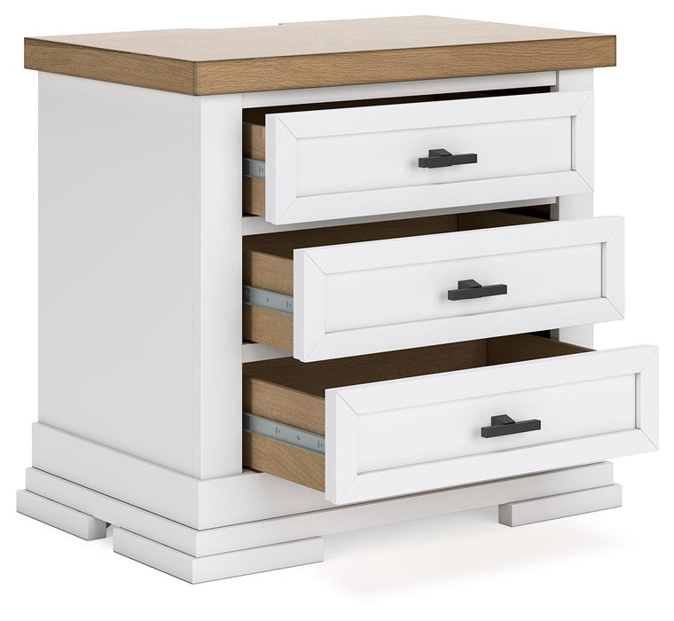 Ashbryn - Three Drawer Night Stand - White / Natural – Nightstands w/ Charging Stations by Benchcraft® at Furniture Wholesale Plus , Nashville furniture store