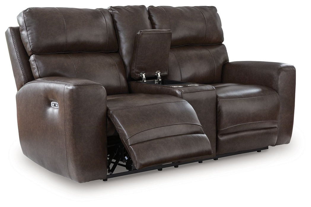 Crossplex - Power Reclining Loveseat / Console / Adjustable Headrest - Smoke – Reclining Loveseats by Signature Design by Ashley® at Furniture Wholesale Plus , Nashville furniture store