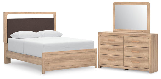 Kinlanni - 3 Pc. - Queen Upholstered Panel Bed With Roll Slats, Dresser And Mirror - Tan – 3 Piece Bedroom Sets by Signature Design by Ashley® at Furniture Wholesale Plus , Nashville furniture store
