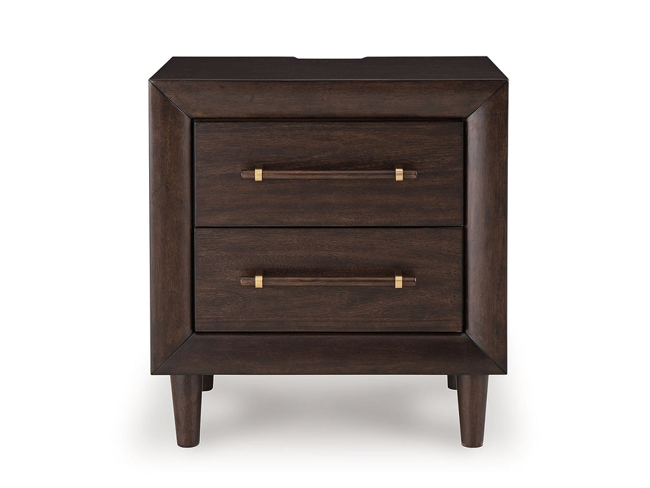 Dantenton - Two Drawer Night Stand - Merlot – Nightstands w/ Charging Stations by Benchcraft® at Furniture Wholesale Plus , Nashville furniture store