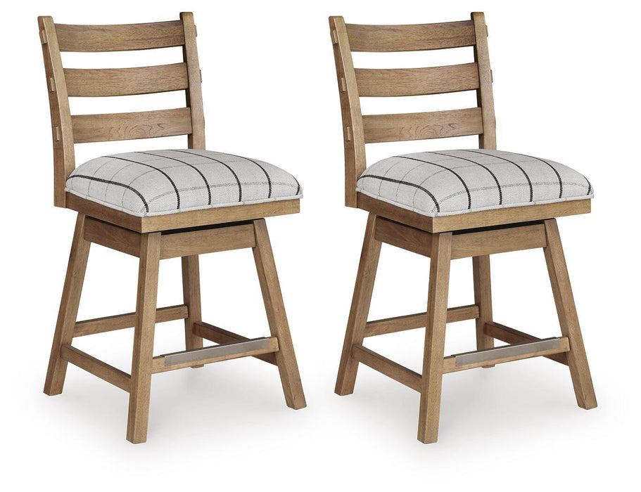 Ridgester - Upholstered Swivel Barstool (Set of 2) - Light Brown – Stool Sets by Benchcraft® at Furniture Wholesale Plus , Nashville furniture store