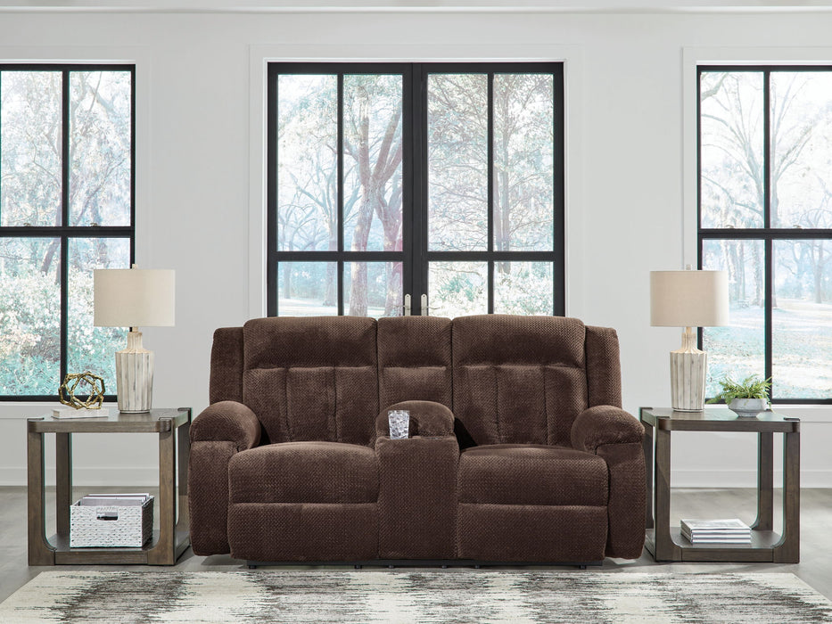 Free Wake - Double Relcining Power Loveseat With Console - Chocolate – Reclining Loveseats by Signature Design by Ashley® at Furniture Wholesale Plus , Nashville furniture store
