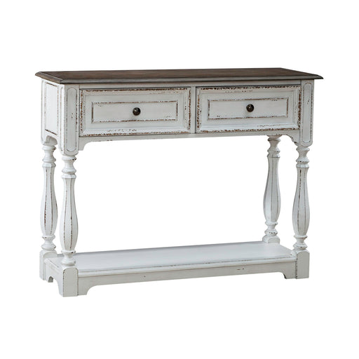 Magnolia Manor - Hall Console Bottom With Shelf For Display & Storage - Antique White – Console Tables by Liberty Furniture at Furniture Wholesale Plus , Nashville furniture store