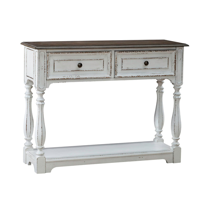 Magnolia Manor - Hall Console Bottom With Shelf For Display & Storage - Antique White – Console Tables by Liberty Furniture at Furniture Wholesale Plus , Nashville furniture store