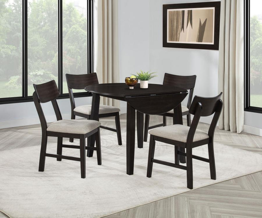 Catley - 5 Piece Round Drop Leaf Dining Table Set - Dark Coffee – 5 Piece Dining Room Sets by Coaster Fine Furniture at Furniture Wholesale Plus , Nashville furniture store