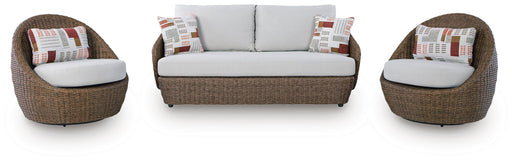 Double Point - Loveseat, Swivel Chairs Set (Set of 3) - Beige – 3 Piece Outdoor Sets by Signature Design by Ashley® at Furniture Wholesale Plus , Nashville furniture store
