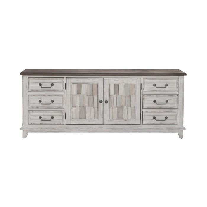 River Place - 75" Entertainment Console - Riverstone White & Tobacco – TV Stands by Liberty Furniture at Furniture Wholesale Plus , Nashville furniture store