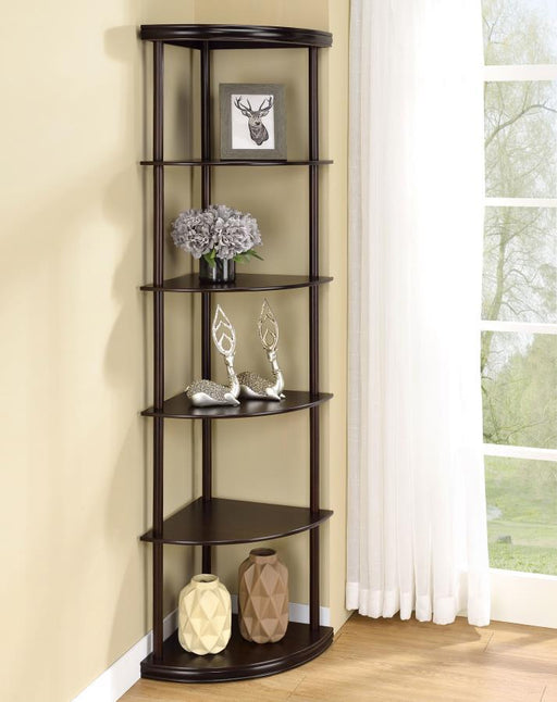 Bonwick - 5-Shelf Corner Bookshelf - Cappuccino - Premium Standard Bookcases from CoasterEveryday - Just $149! Shop now at Furniture Wholesale Plus  We are the best furniture store in Nashville, Hendersonville, Goodlettsville, Madison, Antioch, Mount Juliet, Lebanon, Gallatin, Springfield, Murfreesboro, Franklin, Brentwood