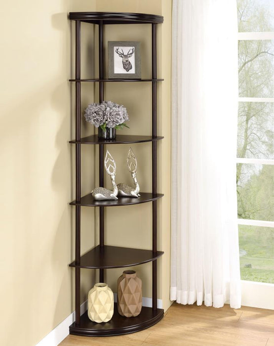 Bonwick - Wood 5-Shelf Corner Bookshelf - Cappuccino – Standard Bookcases by CoasterEveryday at Furniture Wholesale Plus , Nashville furniture store