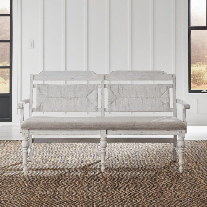 River Place - Panel Back Bench - Riverstone White & Tobacco – Upholstered Benches by Liberty Furniture at Furniture Wholesale Plus , Nashville furniture store