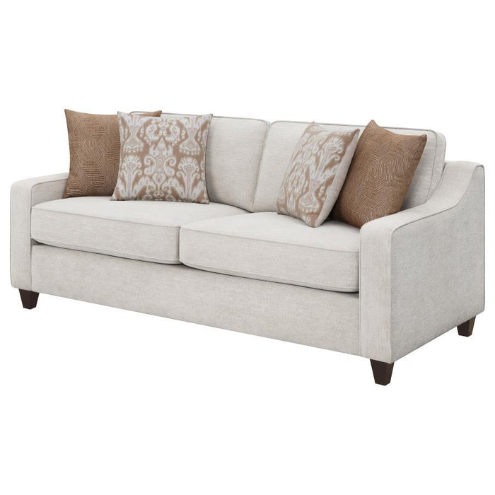 Christine - Upholstered Sloped Arm Sofa - Beige – Stationary Sofas by CoasterElevations at Furniture Wholesale Plus , Nashville furniture store