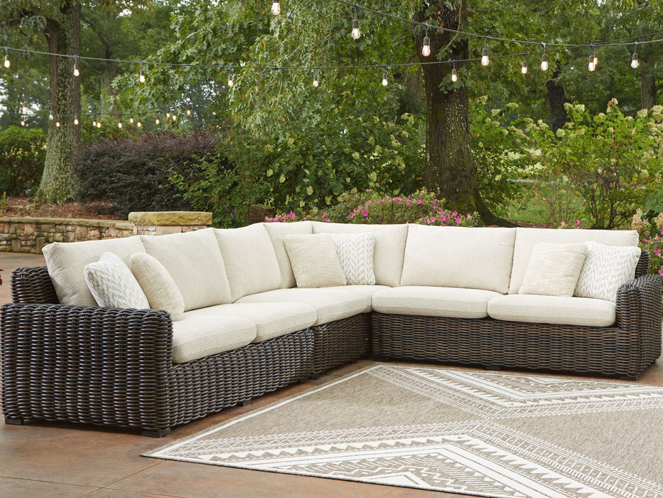 Kimora - 7 Pc. - 4-Piece Outdoor Sectional, Swivel Glider Lounge, Cocktail Table, End Table - Beige / Dark Brown – 7 Piece Outdoor Sets by Signature Design by Ashley® at Furniture Wholesale Plus , Nashville furniture store