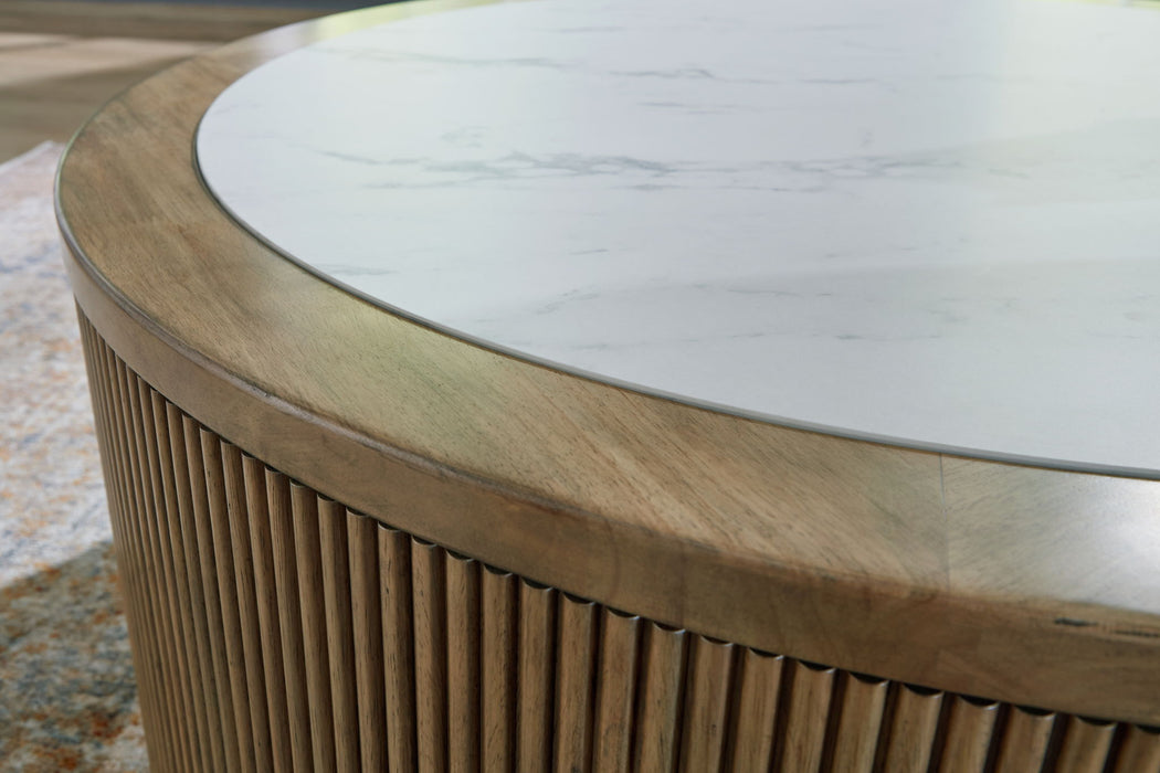 Camdill - Round Cocktail Table - Light Brown / White – Coffee Tables by Signature Design by Ashley® at Furniture Wholesale Plus , Nashville furniture store