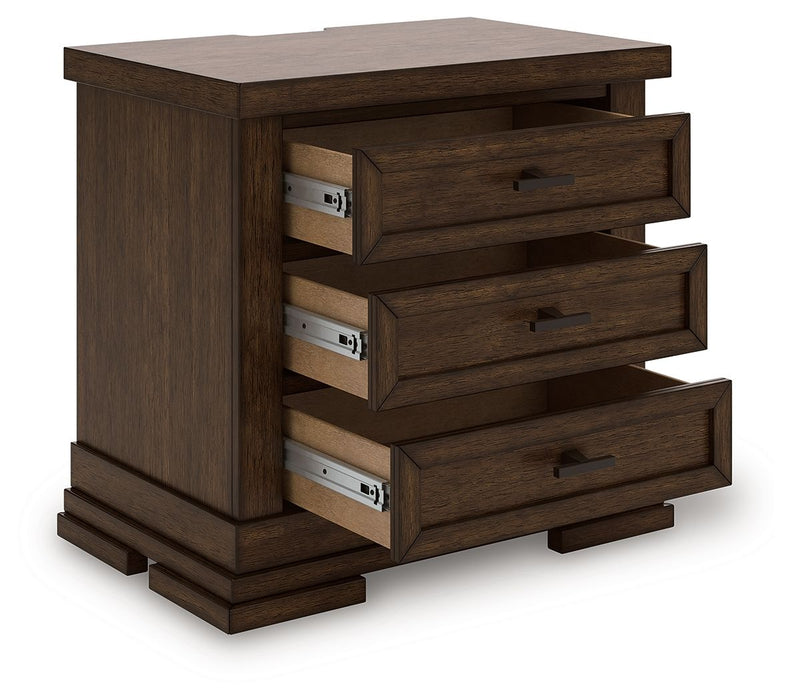 Taffenbrook - Three Drawer Night Stand - Medium Brown – Nightstands w/ Charging Stations by Benchcraft® at Furniture Wholesale Plus , Nashville furniture store