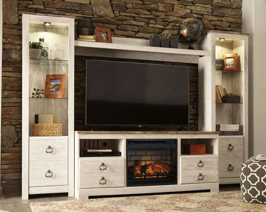 Willowton - Entertainment Center - TV Stand With Faux Firebrick Fireplace Insert - Whitewash – Entertainment Centers by Signature Design by Ashley® at Furniture Wholesale Plus , Nashville furniture store