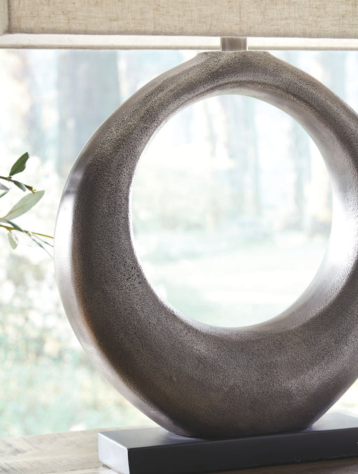 Saria - Antique Silver Finish - Metal Table Lamp - Premium Table Lamps from Signature Design by Ashley® - Just $148! Shop now at Furniture Wholesale Plus  We are the best furniture store in Nashville, Hendersonville, Goodlettsville, Madison, Antioch, Mount Juliet, Lebanon, Gallatin, Springfield, Murfreesboro, Franklin, Brentwood