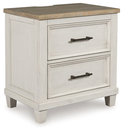 Shaybrock - Two Drawer Night Stand - Antique White / Brown – Nightstands w/ Charging Stations by Benchcraft® at Furniture Wholesale Plus , Nashville furniture store