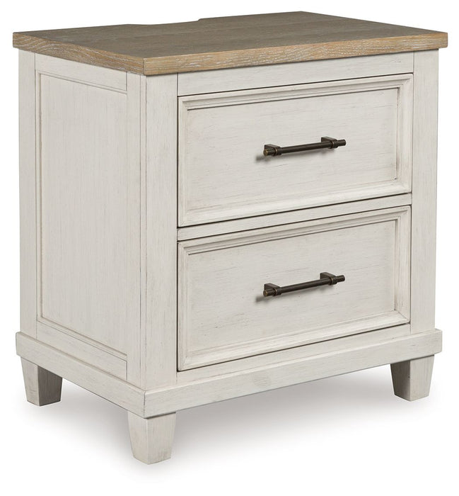 Shaybrock - Two Drawer Night Stand - Antique White / Brown – Nightstands w/ Charging Stations by Benchcraft® at Furniture Wholesale Plus , Nashville furniture store