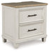 Shaybrock - Two Drawer Night Stand - Antique White / Brown – Nightstands w/ Charging Stations by Benchcraft® at Furniture Wholesale Plus , Nashville furniture store