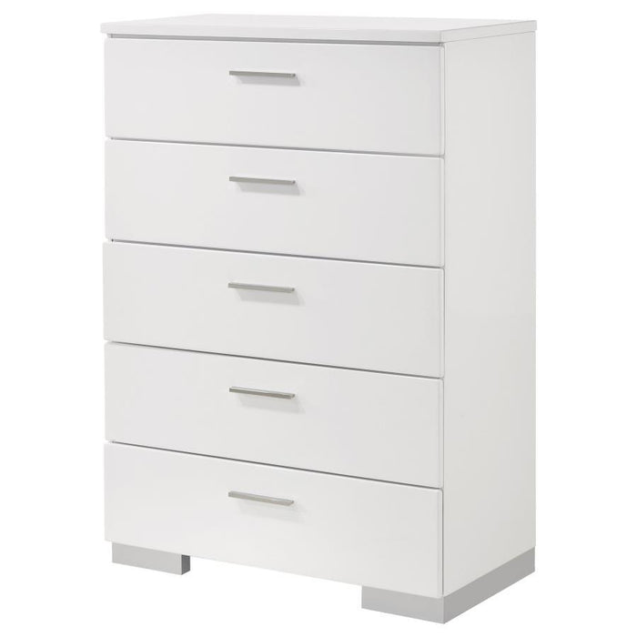 Felicity - 5-Drawer Bedroom Chest - White High Gloss – Accent Chests by CoasterEssence at Furniture Wholesale Plus , Nashville furniture store