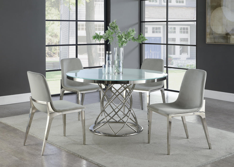 Irene 5-piece Round Glass Top Dining Set White and Chrome - Premium Dining Room Set from Coaster Z2 Standard - Just $1790! Shop now at Furniture Wholesale Plus  We are the best furniture store in Nashville, Hendersonville, Goodlettsville, Madison, Antioch, Mount Juliet, Lebanon, Gallatin, Springfield, Murfreesboro, Franklin, Brentwood