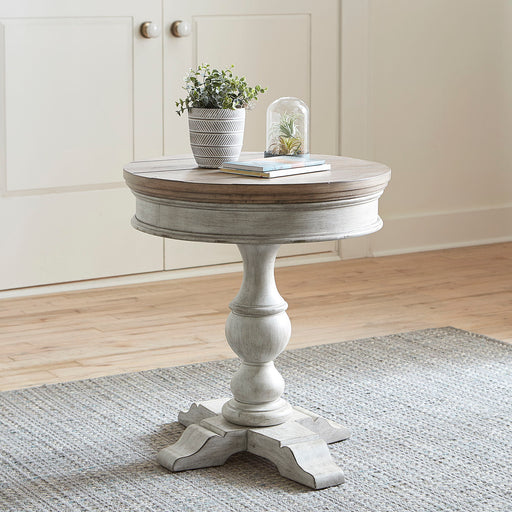 Heartland - Round Pedestal Chair Side Table - Antique White / Tobacco Tops – Chair Side Tables by Liberty Furniture at Furniture Wholesale Plus , Nashville furniture store