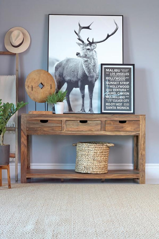 Esther - 3-Drawer Wood Console Table - Natural Sheesham – Console Tables by CoasterElevations at Furniture Wholesale Plus , Nashville furniture store