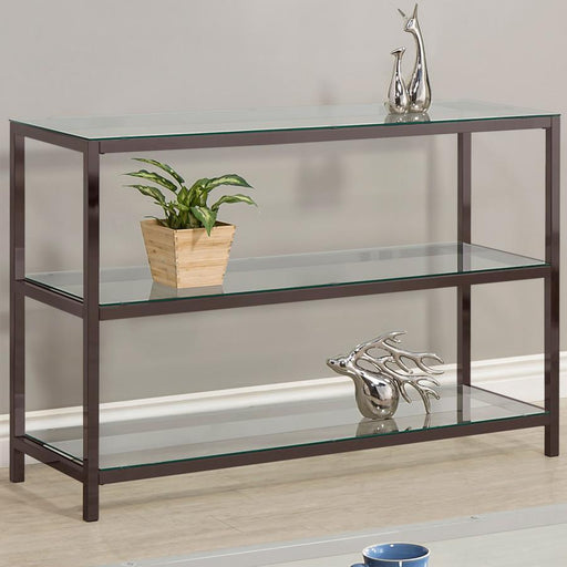 Trini - 2-Shelf Glass Top Entryway Console Table - Black Nickel – Console Tables by CoasterEssence at Furniture Wholesale Plus , Nashville furniture store