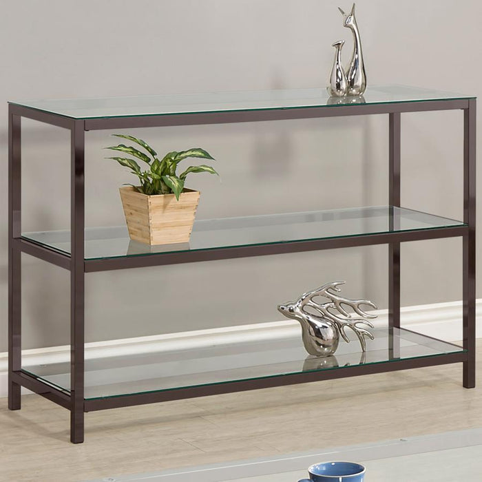 Trini - 2-Shelf Glass Top Entryway Console Table - Black Nickel – Console Tables by CoasterEssence at Furniture Wholesale Plus , Nashville furniture store