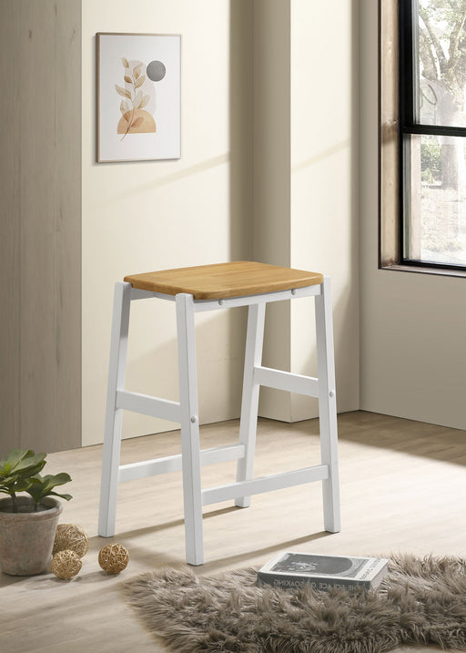 Hollis Wood Counter Height Backless Bar Stool Brown and White - Premium Barstool from Coaster Z2 Standard - Just $74! Shop now at Furniture Wholesale Plus  We are the best furniture store in Nashville, Hendersonville, Goodlettsville, Madison, Antioch, Mount Juliet, Lebanon, Gallatin, Springfield, Murfreesboro, Franklin, Brentwood