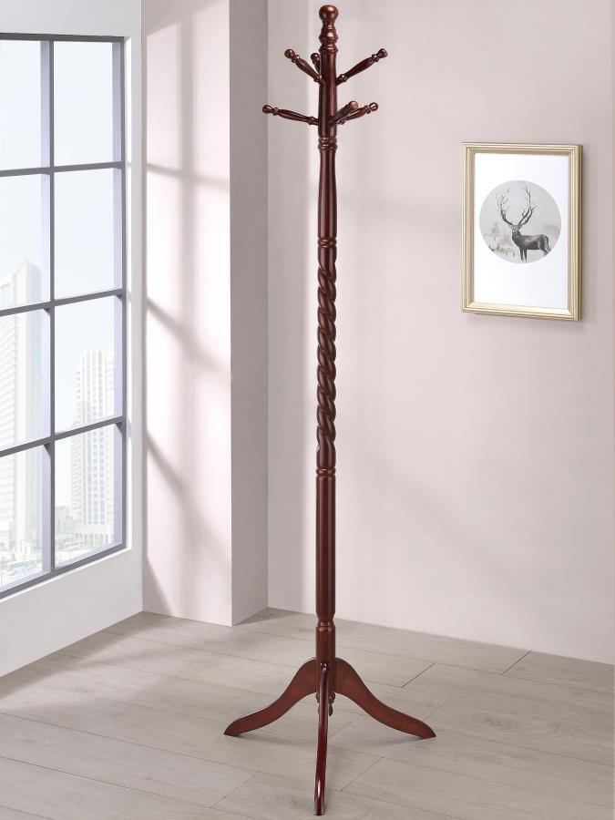Riona - 6 Hook Freestanding Wood Coat Rack Hat Hanger - Merlot – Freestanding Coat Racks by CoasterEveryday at Furniture Wholesale Plus , Nashville furniture store
