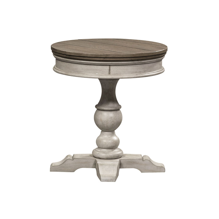 Heartland - Round Pedestal Chair Side Table - Antique White / Tobacco Tops – Chair Side Tables by Liberty Furniture at Furniture Wholesale Plus , Nashville furniture store