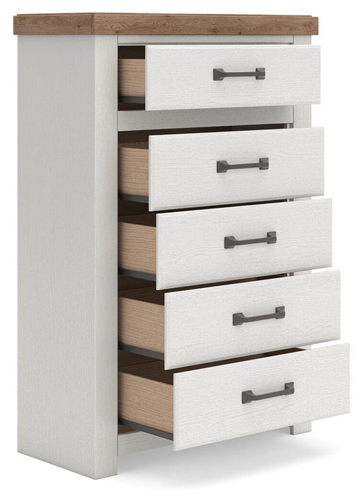 Savonport - Five Drawer Chest - White / Brown – Accent Chests by Benchcraft® at Furniture Wholesale Plus , Nashville furniture store