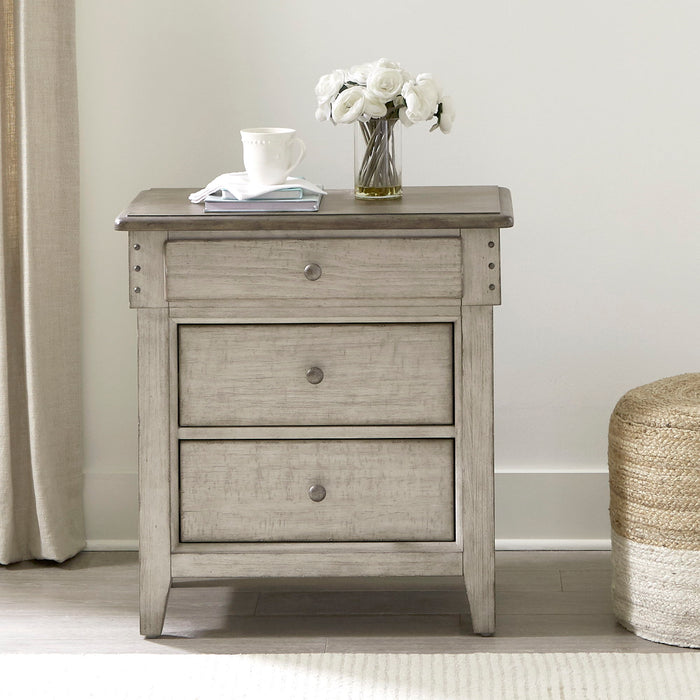 Ivy Hollow - 3 Drawer Nightstand With Charging Station - Weathered Linen / Dusty Taupe – Nightstands w/ Charging Stations by Liberty Furniture at Furniture Wholesale Plus , Nashville furniture store