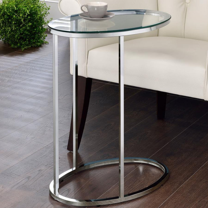 Kyle - Oval Glass Top C-Shaped Sofa Side Table - Chrome – Sofa Tables by CoasterEveryday at Furniture Wholesale Plus , Nashville furniture store