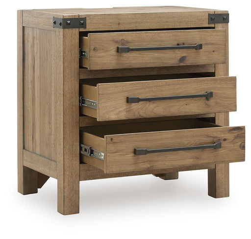 Ridgester - Three Drawer Night Stand - Light Brown – Nightstands w/ Charging Stations by Benchcraft® at Furniture Wholesale Plus , Nashville furniture store