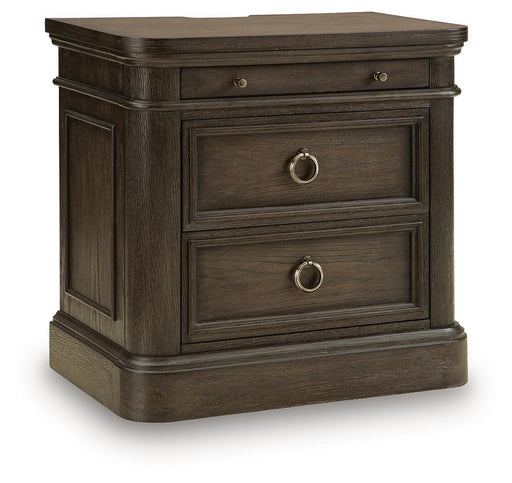Wickenger - Two Drawer Night Stand - Dark Brown – Nightstands w/ Charging Stations by Signature Design by Ashley® at Furniture Wholesale Plus , Nashville furniture store