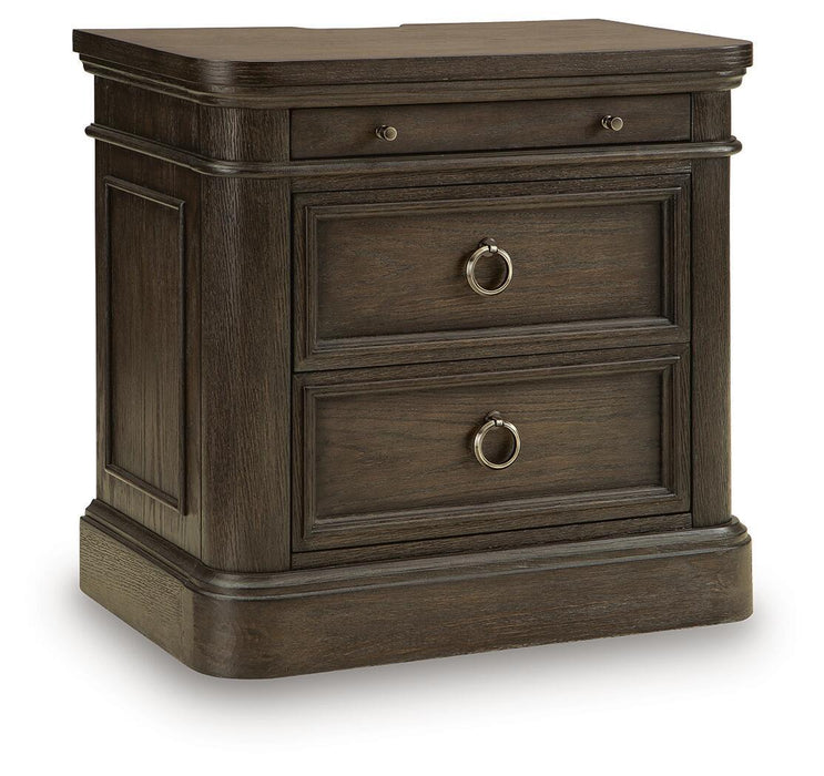Wickenger - Two Drawer Night Stand - Dark Brown – Nightstands w/ Charging Stations by Signature Design by Ashley® at Furniture Wholesale Plus , Nashville furniture store