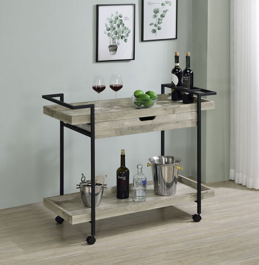 Ventura 2-tier Bar Cart with Storage Drawer Grey Driftwood - Premium Bar Cart from Coaster Z2 Standard - Just $238! Shop now at Furniture Wholesale Plus  We are the best furniture store in Nashville, Hendersonville, Goodlettsville, Madison, Antioch, Mount Juliet, Lebanon, Gallatin, Springfield, Murfreesboro, Franklin, Brentwood