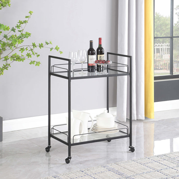 Curltis Serving Cart with Glass Shelves Clear and Black - Premium Bar Cart from Coaster Z2 Standard - Just $126! Shop now at Furniture Wholesale Plus  We are the best furniture store in Nashville, Hendersonville, Goodlettsville, Madison, Antioch, Mount Juliet, Lebanon, Gallatin, Springfield, Murfreesboro, Franklin, Brentwood