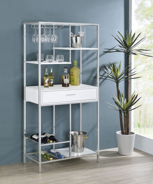 Figueroa 5-shelf Wine Cabinet with Storage Drawer White High Gloss and Chrome - Premium Wine Cabintet from Coaster Z2 Standard - Just $338! Shop now at Furniture Wholesale Plus  We are the best furniture store in Nashville, Hendersonville, Goodlettsville, Madison, Antioch, Mount Juliet, Lebanon, Gallatin, Springfield, Murfreesboro, Franklin, Brentwood