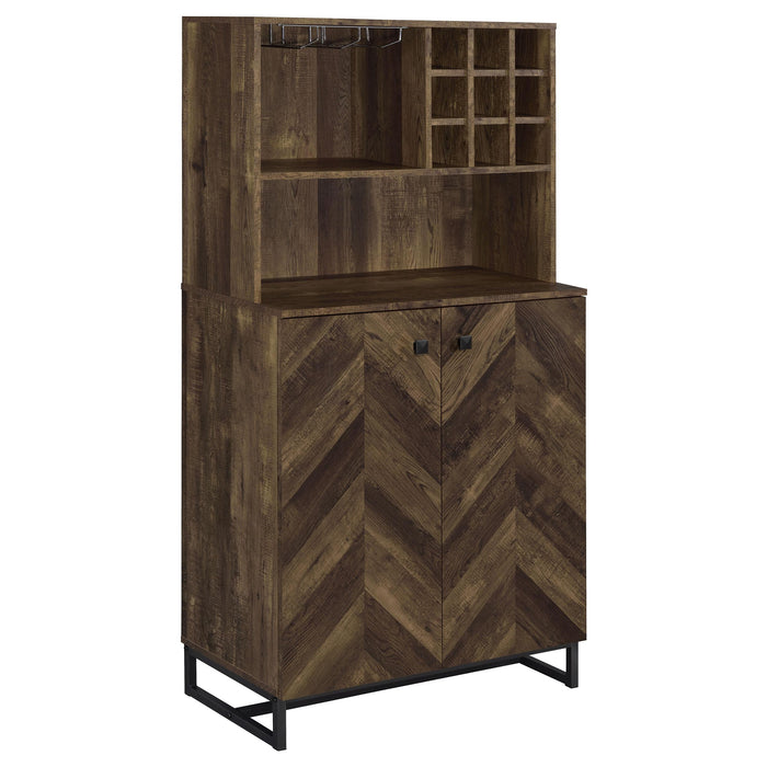 Mendoza 2-door Wine Cabinet Rustic Oak Herringbone and Gunmetal - Premium Wine Cabintet from Coaster Z2 Standard - Just $278! Shop now at Furniture Wholesale Plus  We are the best furniture store in Nashville, Hendersonville, Goodlettsville, Madison, Antioch, Mount Juliet, Lebanon, Gallatin, Springfield, Murfreesboro, Franklin, Brentwood